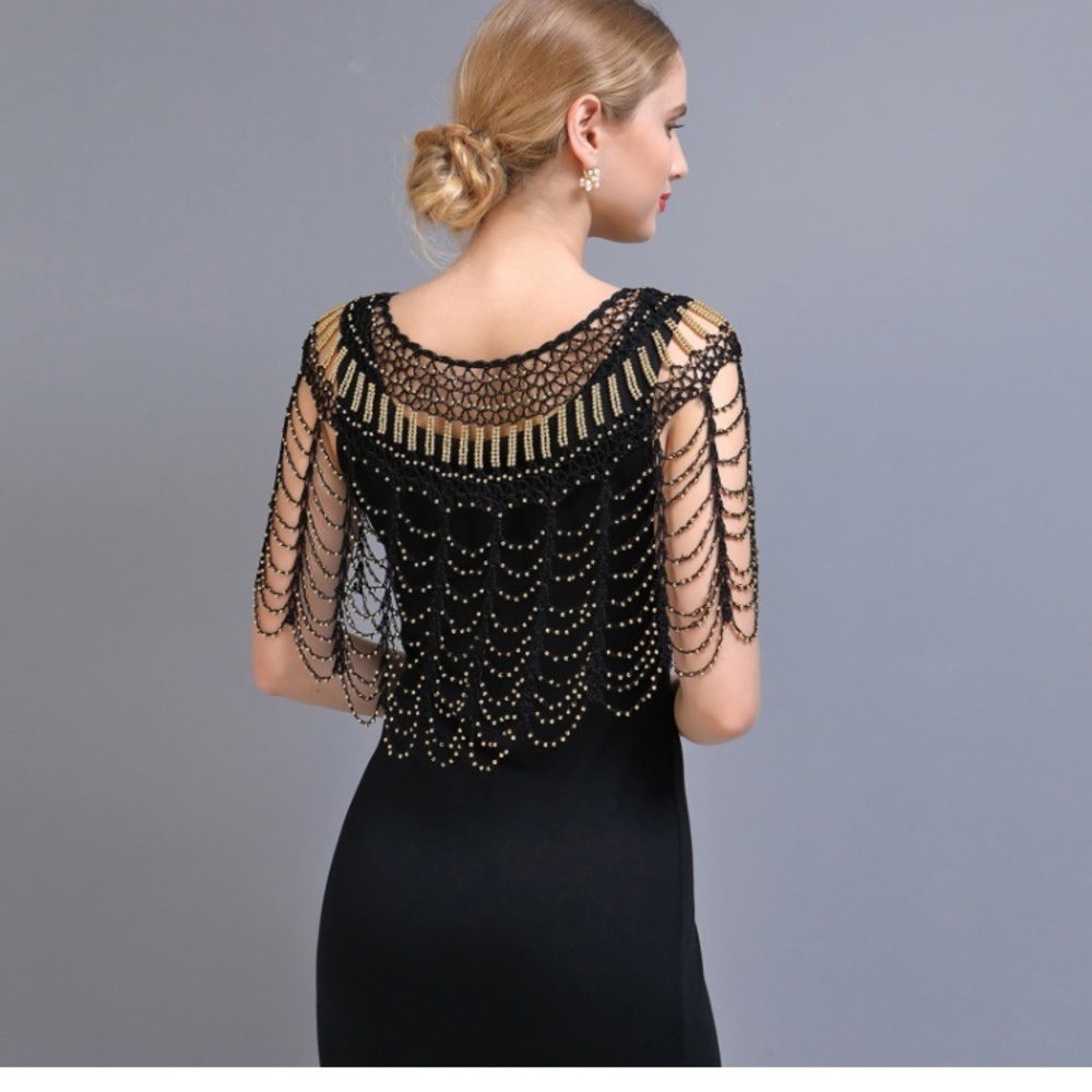 Crotchet beaded shawl cover up Wraps Woman’s black white beads